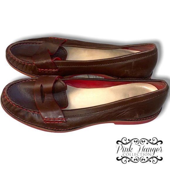 Cole Haan Shoes - Cole Haan Brown Glove Leather Penny Loafers w Red Topstitching & Soles 9 B